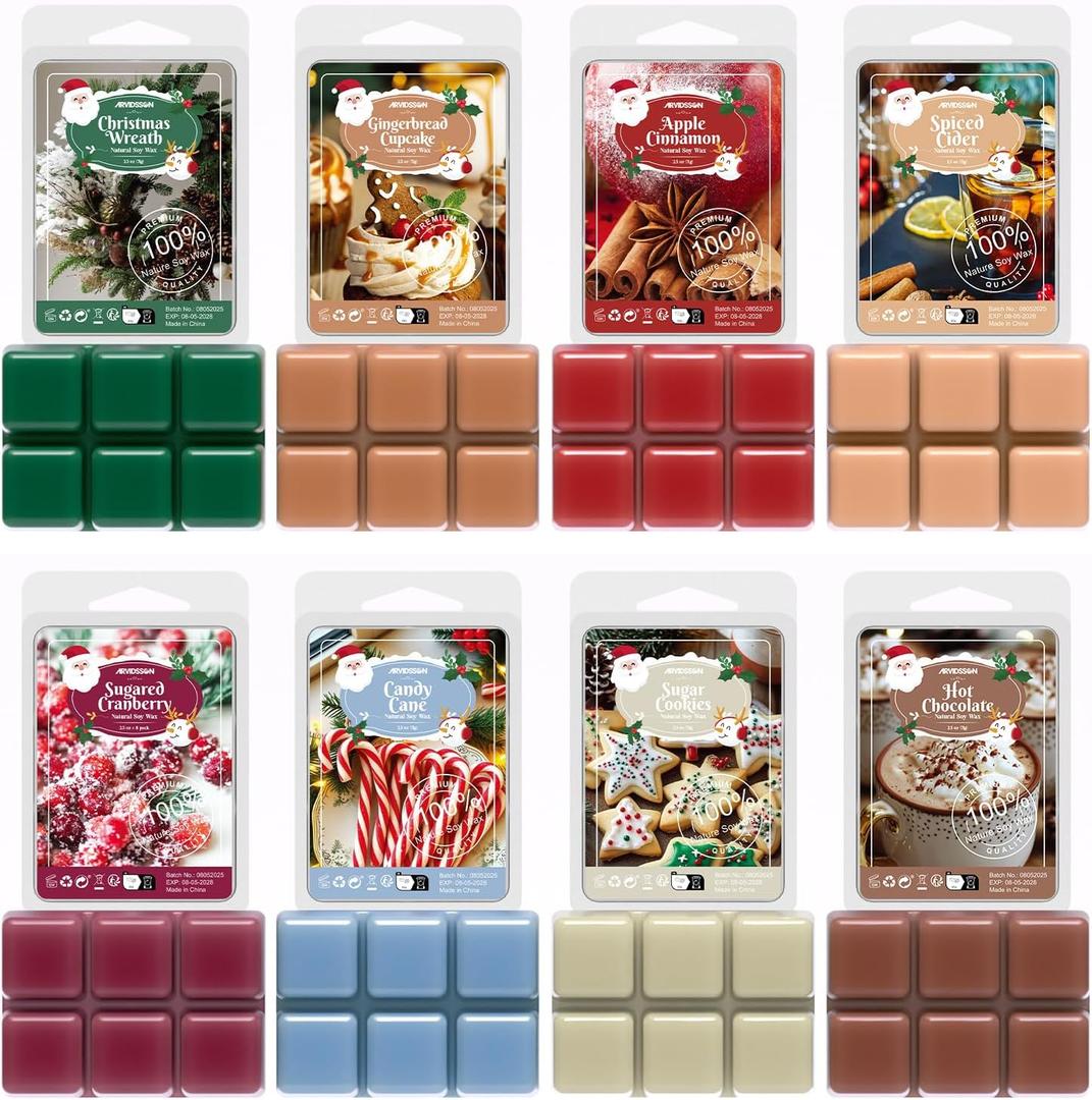 ARVIDSSON Winter Scented Wax Melts, Holiday Soy Wax Cubes for Wax Warmer, Strong Scent Fragrance Wax Tarts, Candle Melts Gift Set, Apple Cinnamon, Christmas Wreath, Gingerbread, Candy Cane, Cranberry