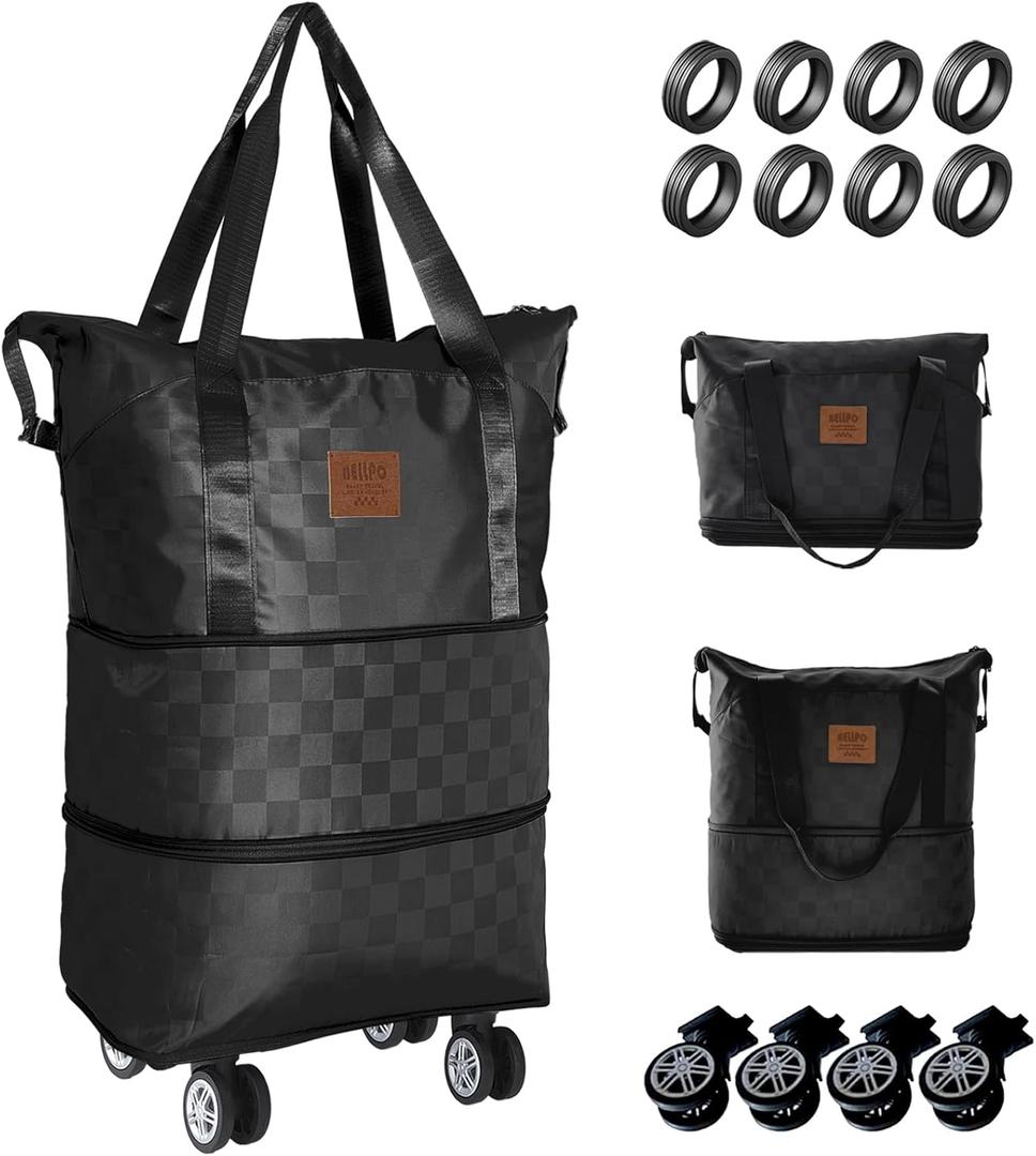 Travel Duffle Bag with Wheels, 28-58L Expandable & Foldable Duffel Bag - Lightweight, Durable, Carry-On Luggage for Gym, Camping, Business Trip - Ideal Gift for Men & Women (Black)