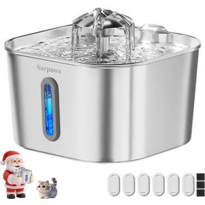 Cat Water Fountain Stainless Steel74oz/2.2L SARPAWS Water Fountains for Cats Indoor, Cat Fountains for Drinking, Ultra-Quiet, Water Level Window, Pet Water Fountain - 6 Filters + 3 Sponges