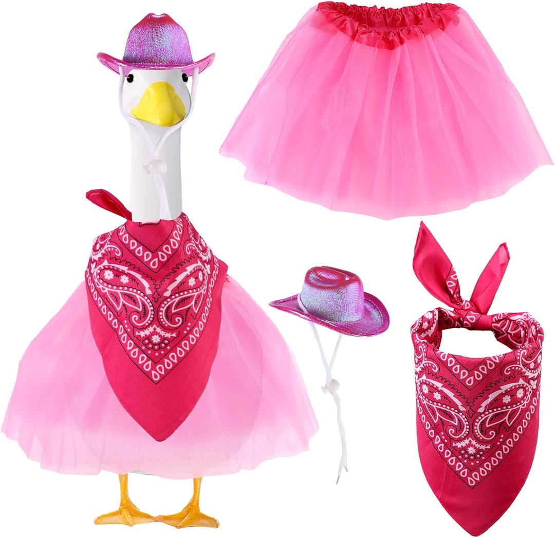 Lyreh Western Cowboy Porch Goose Outfit Set, Cowgirl Goose Clothes Costume Hat Bandana & Tutu Skirt for 23" Lawn Statue Outdoor Decorations Garden Yard Patio Decor (Rose Red)