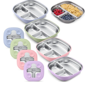 Square Stainless Steel Toddler Plates with Suction – 7.68” Divided Plates with Removable BPA-Free Silicone Sleeves, Unbreakable Baby Feeding Dishes Set of 4