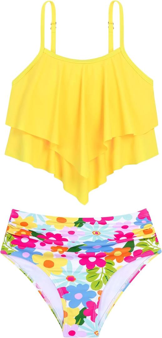 HOZIY Girls Bikini 2 Piece Swimsuit Set Tiered Flounce Bathing Suit Adjustable Straps Girls' Swimwear (13-14 Years, Yellow)