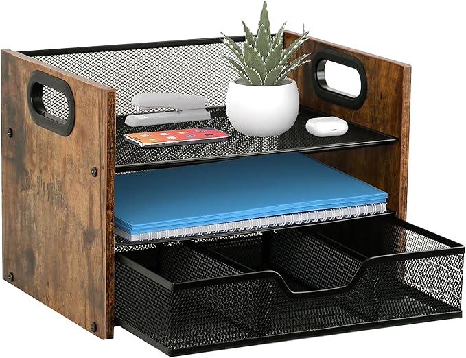 Boershun Wood Desk Organizer  3Tier Desktop File Organizer with Drawer, Wooden Paper Tray, Office Desk Organzier and Accessories for Papers, Mail, Notebooks, Stationery