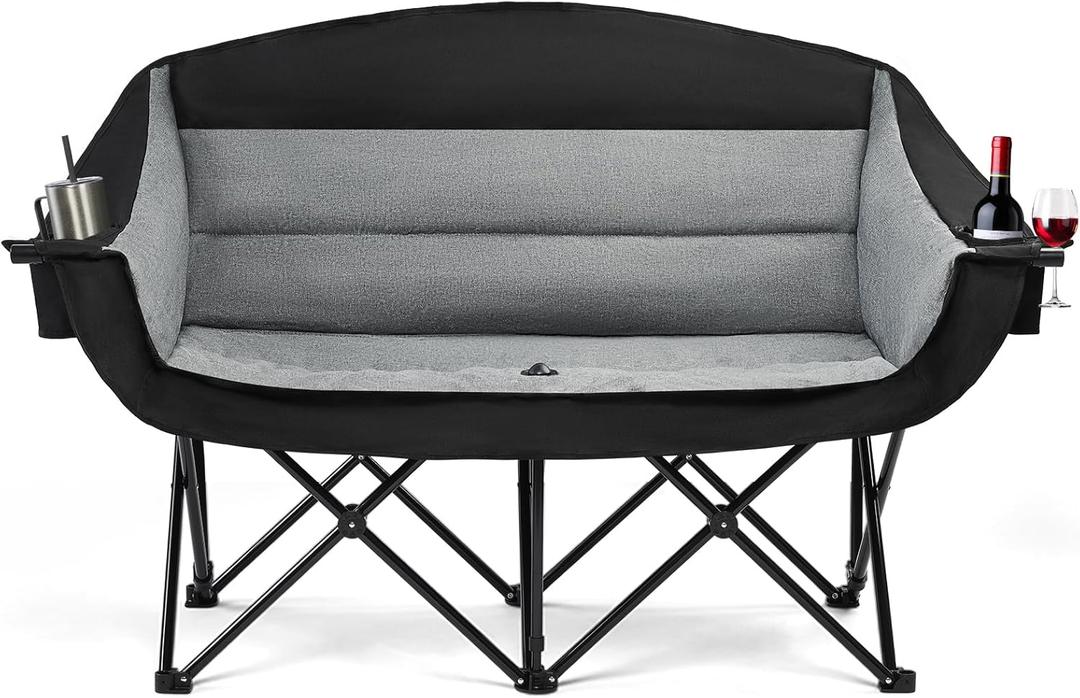 apollo walker Oversized Double Camping Chair for 2 Person - Extra Wide & Heavy Duty 600lbs Camp Couch with Dual Cup Holder & Carry Bag, Camping Loveseat for Outdoor, Lawn, Beach, Park (Regular, Light Grey)
