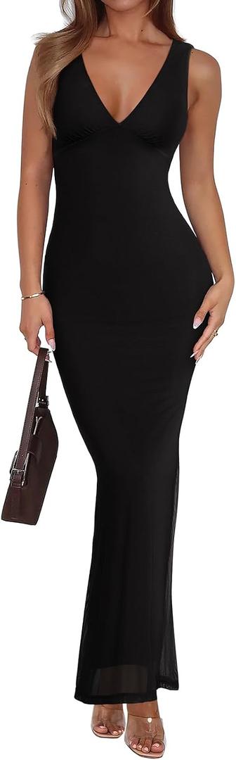 REORIA Women's Summer V Neck Sleeveless Wedding Guest Maxi Dress Sexy Mesh Bodycon Long Dresses S