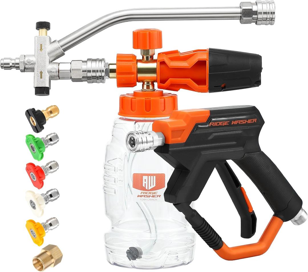RIDGE WASHER Pressure Washer Gun Foam Cannon with Dual Connector Accessory, Double Tip Attachment for Foam Blaster, Stainless Steel Car Wash Foam Gun, 1/4" Quick Connect, 4000 PSI