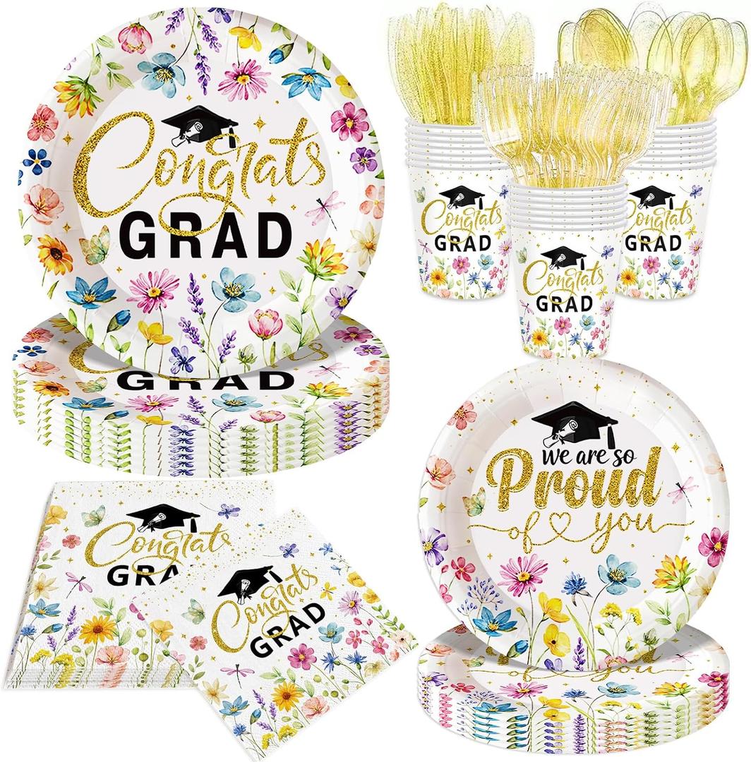 140Pcs Graduation Party Supplies Wildflower Plates and Napkins Wildflower Congrats Grad Paper Plates School Graduation Season Tableware Set Dinner Plates, Serves 20 Guests
