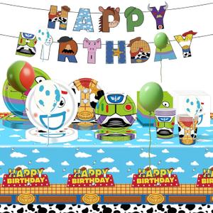 104 pcs Cartoon Story Birthday Party Supplies Animal Birthday Party Decorations include Paper Plates Napkins Cups Tablecloth and Banner for Kids Decor, Serve 24 Guests.