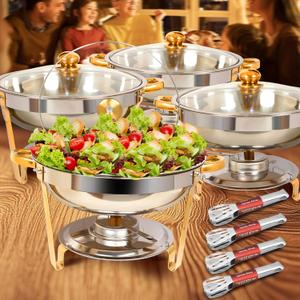 4 Pack 5QT Round Stainless Steel Chafing Dishes Buffet Complete Set - Heating and Cooling Chafing Dishes with Holder and Glass Lid Water Pan & Glass Lid for Catering, Weddings, Parties, Gold