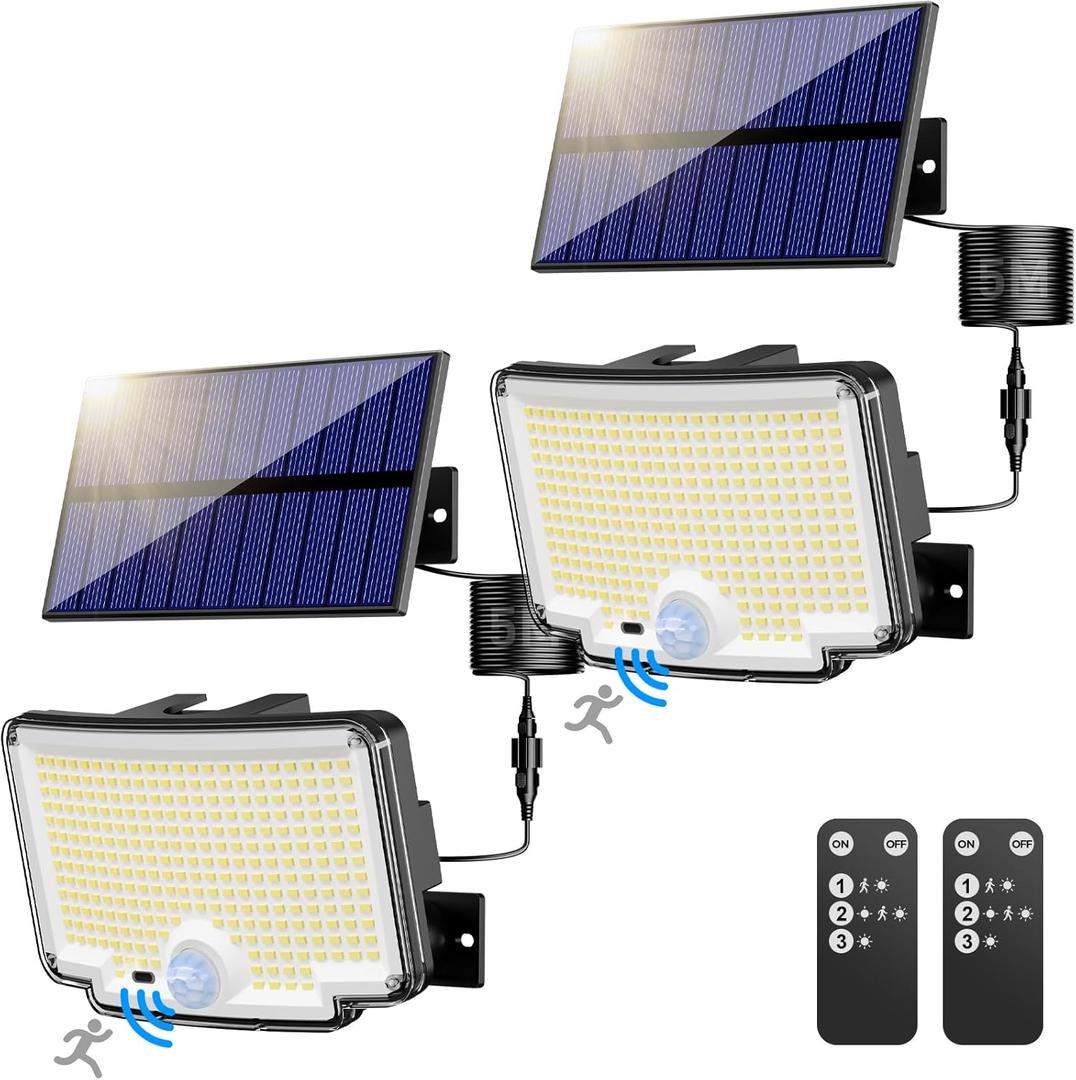 nipify Solar Motion Lights Outdoor, 6500K 310 LED Solar Security Lights with Remote Control, IP65 Waterproof Powered Flood Lights for Outside Garden Patio Garage Yard Backyard, 2 Pack (Cool White)