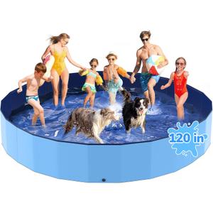 120'' Foldable Dog Pool, Kiddie Pool, Heavy Duty Non-Slip Plastic Pet Wading Pool for Large Dogs, Indoor and Outdoor Kids Pet Dog Bathtub