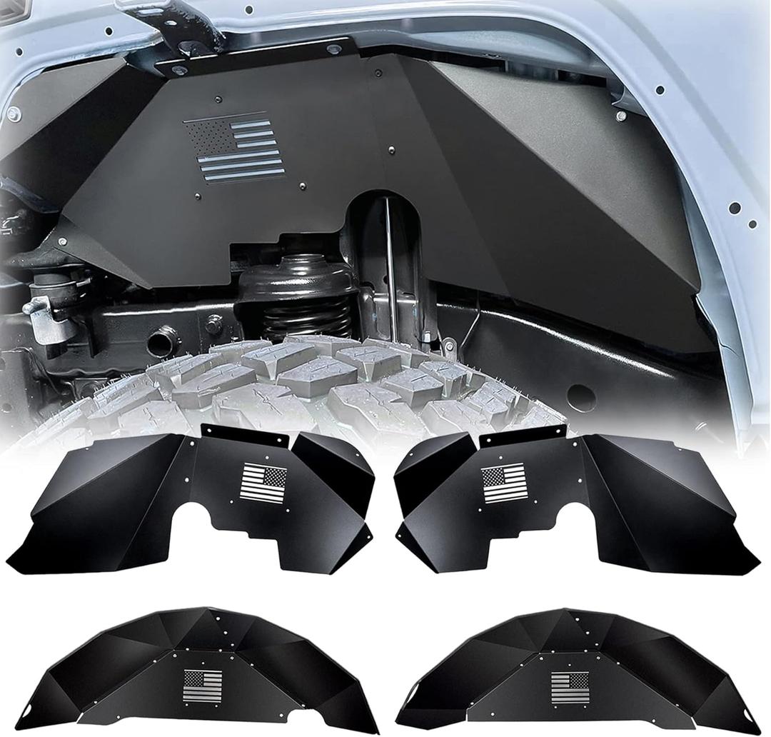 Front & Rear Inner Fender Liner Wheel Well Set Aluminum Mud Guards Fashion Pattern Compatible with Jeep Wrangler JK JKU Unlimited 2007-2018 Black