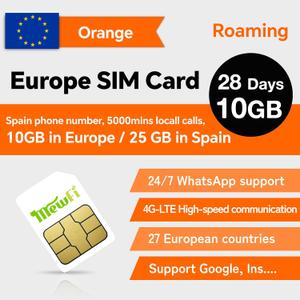 Orange SIM Card Europe with Spanish Phone Number, 28 Days 10 GB in Europe, 25 GB in Spain 5000mins Local Calls, 4G DataEasy Activation& 24/7 Whatsapp Support, for Unlocked Phones