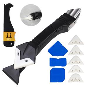 11Pcs Silicone Caulking Tools 3 in1 Grout Removal Tool(Stainless Steelhead)&Grout Remove Scraper, 5 Silicone Replaceable Pads, 4 Glass Glue Angle Scraper, Caulk Remover for Kitchen/Bathroom/Window/Joint