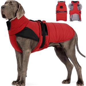 MIGOHI Thermal Large Dog Fleece Jacket - Rainproof Coat for Large Dogs, Thick Dog Winter Coat,Snow Jacket for Dogs Windproof for Hunting Camping,Windy Chilly Days,Doberman,Great Dane,3XL,RedBlack