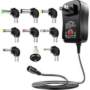 SoulBay Universal Power Supply AC to DC 3V 4.5V 5V 6V 7.5V 9V 12V Multi Voltage Power Adapter with 8 Plugs for Center Negative(-) Tip Negative Effects Pedals Keyboards Instrument - 2A Max