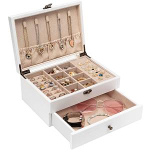 Pinzoveco Jewelry Box for Women, Rustic Wooden Jewelry Organizer Box for Storage Earrings Rings Necklace Bracelet, Farmhouse Style Wood Jewelry Boxes & Organizers (White)