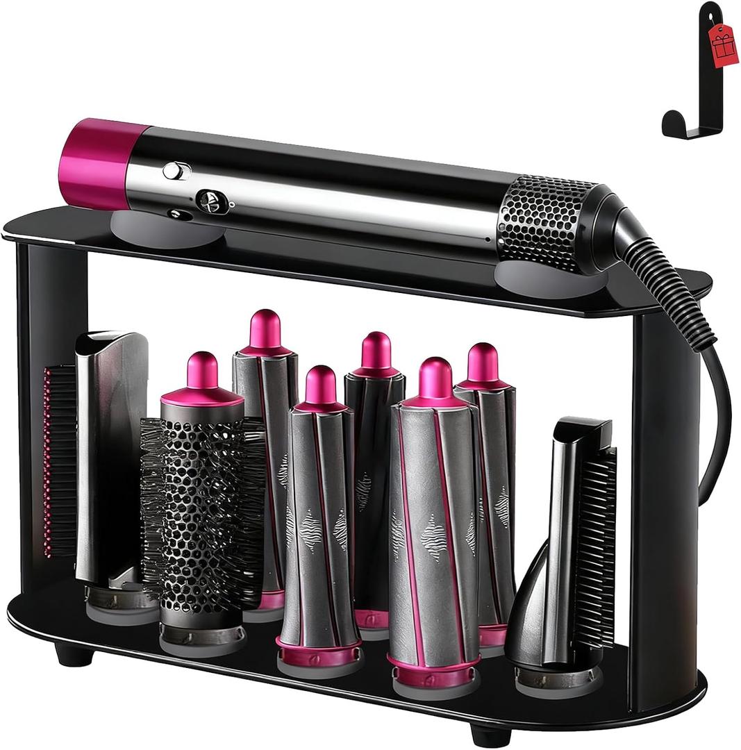 Lasvea Holder for Dyson Airwrap Attachments| 8 Holes Metal Storage Rack with Protective Silicone Pad | Countertop Organizer for Dyson Diffuser Accessories & Curling Iron with Self-Adhesive Hook, Black