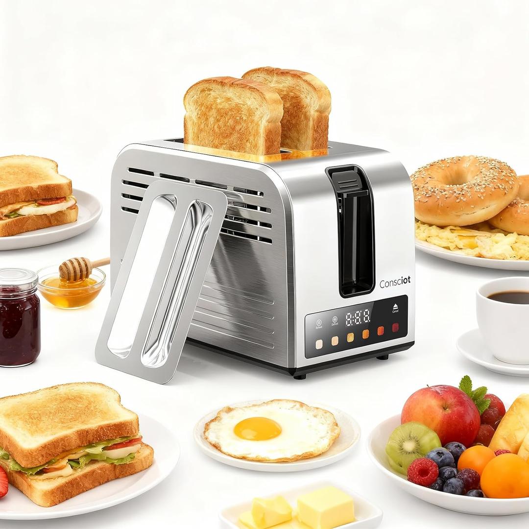 Toaster 2 Slice, Consciot Smart Touch Screen Toasters with 6 Browning Levels, Timer, Reheat/Defrost/Cancel, Extra-Wide Slots, Removable Crumb Tray, Auto Pop-up & Anti Jam, Peak 925W, Stainless Steel