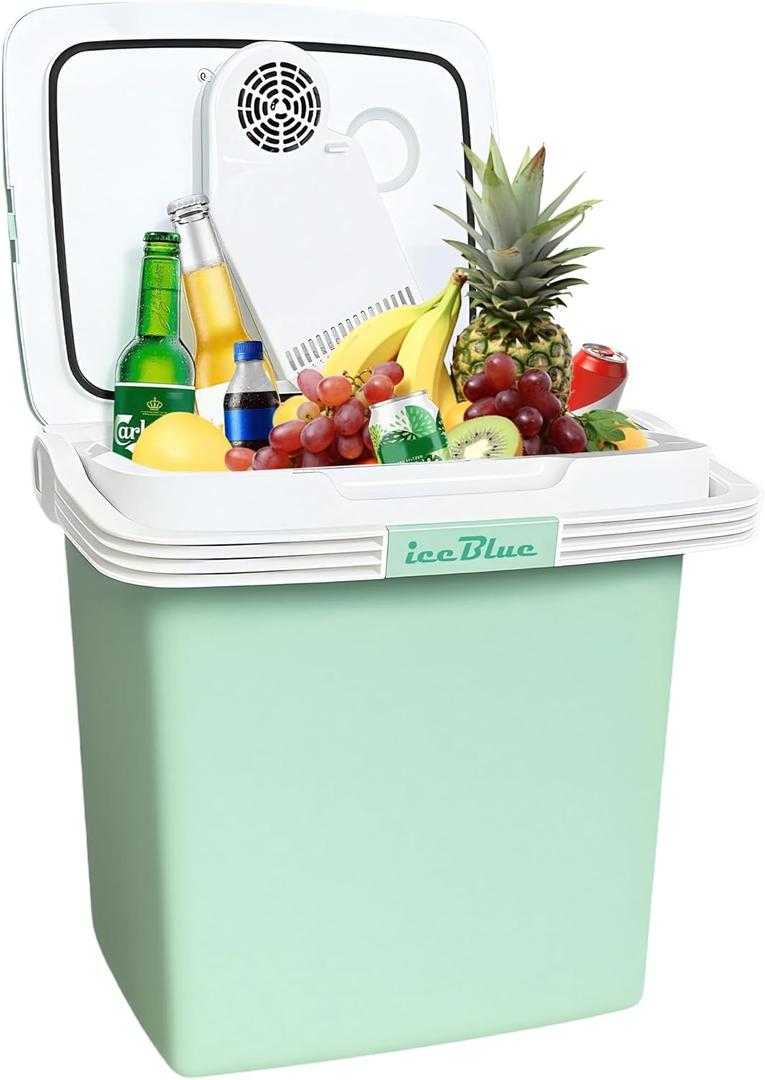 Iceblue Electric Cooler, 26 Liters/28 Cans Mini Fridge with Automatic Locking Handle, 120V AC Home Power Cord & 12V Car Adapter Car Refrigerator, Car Fridge for Home, Car, Gift - Green