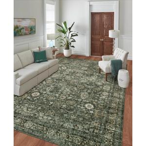 Morebes Vintage Dark Green Living Room Rug, 9x12 Area Rug Large Washable Rugs for Bedroom, Soft Dining Room Carpet Non-Slip Non-Shedding Throw Rug for Farmhouse Indoor Kids Playroom