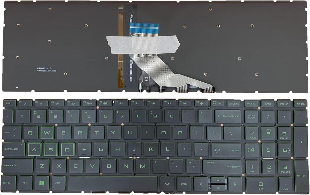 Laptop Replacement US Layout Green Backlight Keyboard for HP Pavilion Gaming 15-cx 15-dk 15-ec 17-cd 15-DA 15-DB 15-DR 15-DW 15-DU 15-DY 15-EF 15-GW 15-CR 250 G7 255 G7 15S-DU 15s-DY 15s-FQ TPN-Q208