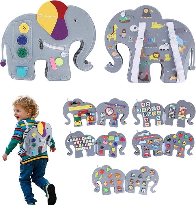 Busy Board, 12 in 1 Educational Busy Book Learning Sensory Toys for Toddlers with Fine Motor Skills, Busy Book Toys with Backpack Strap, Elephant Shape