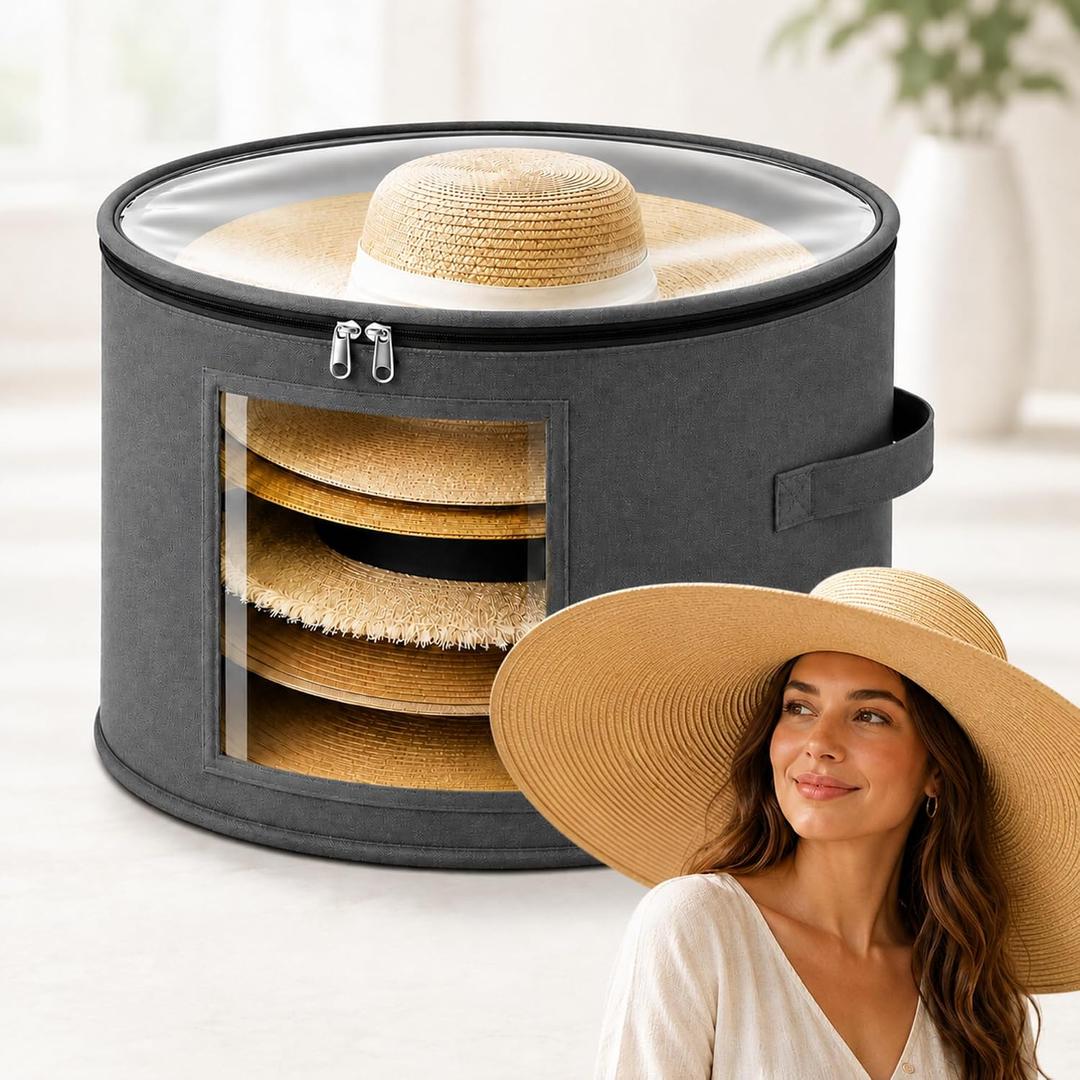 Extra Large Sun Hat Storage Box for Women, 23.6" D x 15.7" H Clear Cowboy Hat Organizer Storage Box with 4 Support Rods Bottom Plate Wide Brimmed Hats Holds up to 10 Caps