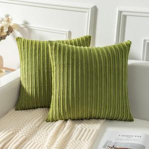 Kevin Textile Velvet Pillow Covers Spring Striped Decorative Throw Cushion Case with Hidden Zipper for Home Couch/Bedroom/Car, 2 Pack (20"x20",Green)