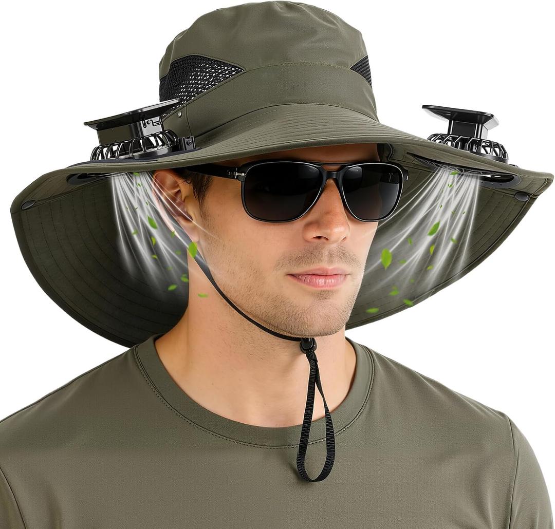 Hat with Fans Solar Power, UPF 50+ Wide Brim Sun Hat, Fishing Essentials for Hiking Beach Summer Safari (Green, M)