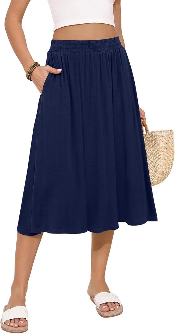 MLXSJ Women's Midi Skirt Summer Flowy Elastic High Waisted Casual Pleated Skirts with Pockets (Blue, XXL)