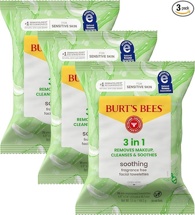 Burt's Bees Aloe Vera Face Wipes, for Sensitive Skin, Soothing Makeup Remover & Facial Cleansing Towelettes, 30 Ct. (3Pack)