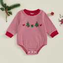 ZAXARRA Baby Christmas Sweatshirt Romper Striped Waffle Knit Jumpsuit Christmas Tree Embroidery Cute Boy Girl Holiday Outfit (Red)