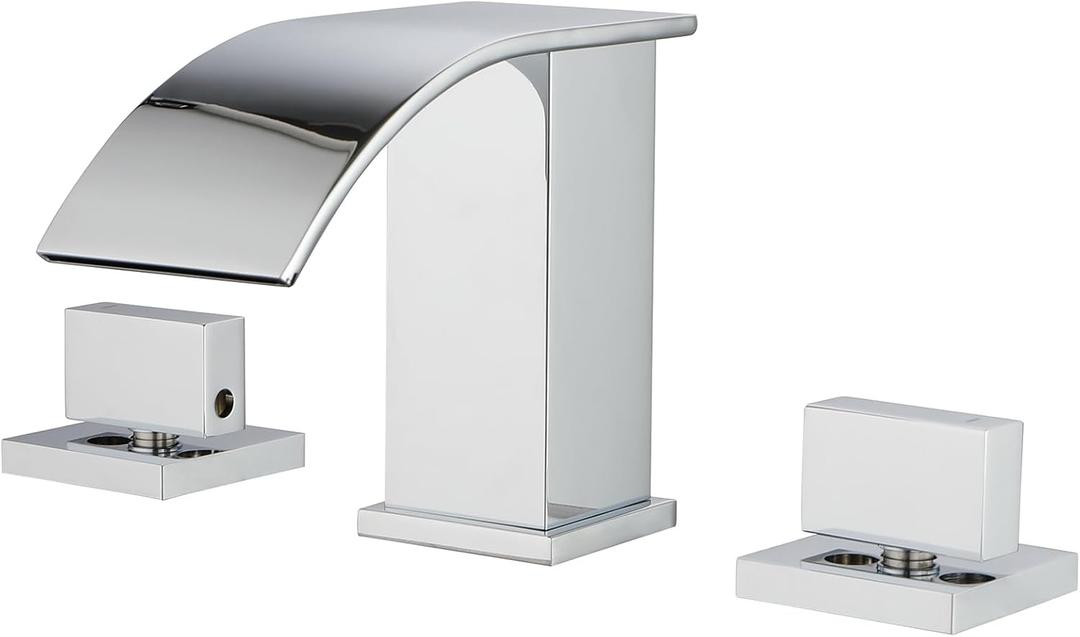TapLong Waterfall Bathroom Faucets for Sink 3 Hole, Solid Brass 8 Inch Widespread Bathroom Sink Faucet 2-Handles, Polished Chrome Bathroom Faucet with Supply Lines, 02766 (Bent)