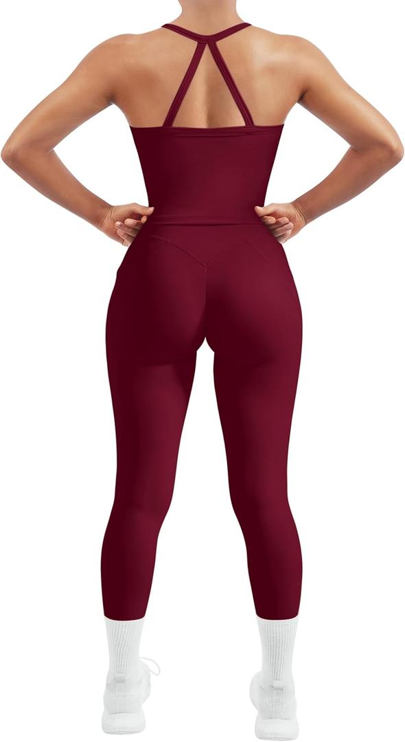 SUUKSESS Women 2 Piece Workout Sets Compression Tummy Control Leggings with Pockets Halter Built in Bra Tank Tops (X-Small, Magenta)
