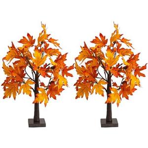 Dazzle Bright 2 Pack 24 Inch Lighted Thanksgiving Fall Maple Tree Decor, 24 LED Battery Operated Decorations Artificial Tree with Timer for Indoor Home Room Holiday Xmas Party