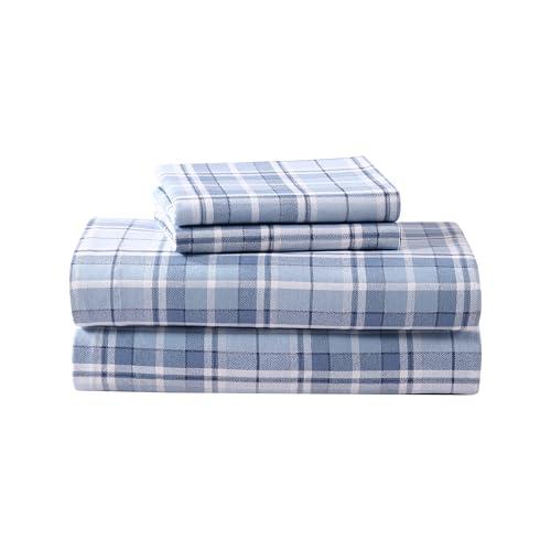 Laura Ashley - Flannel Sheets Queen Size, Anti-Pilling & Wrinkle Resistant Cotton, Touchably Soft for All-Season Comfort - Bed Sheets with Matching Pillowcases & Fitted Sheet (Mulholland Plaid Blue)