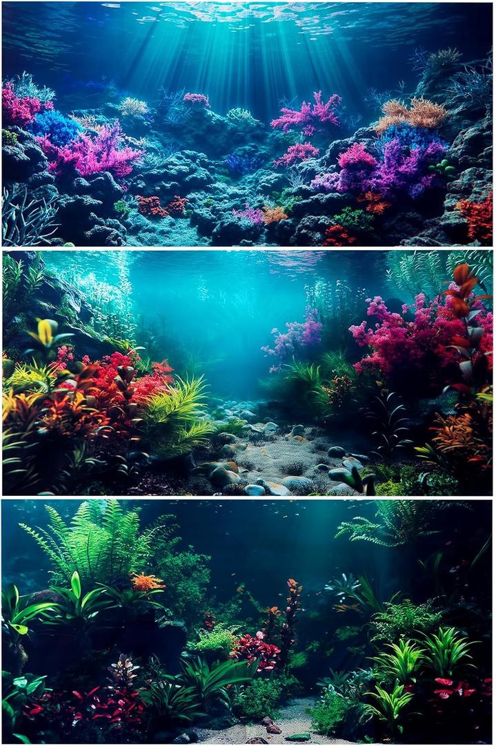 COMSUN 3 Pack Aquarium Background, 24x12 inches Polyester Aquarium Background, Cloth Fish Tank Background, Undersea Corals Sunshines & Rock Aquatic Plants