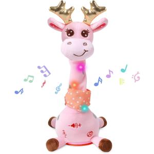 Dancing Talking Giraffe with Golden Antlers Toy, Stuffed Animal Baby Toy Repeating What You Say, Glowing Musical Electronic Giraffe with Golden Anlters Gifts for Toddlers 1-3 Years Old (Pink)