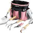 WORKPRO 8-Piece Pink Garden Tool Set, Stainless Steel Gardening Tools with Wood Handle, Including Garden Tote, Gloves, Trowel, Hand Weeder, Cultivator and More, Gardening Gifts For Women - Pink Ribbon