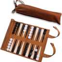 Leather Travel Backgammon Chess Set, Roll Up Folding Classic Board Game Travel Backgammon Set with Drawstring Bag, Portable and Lightweight