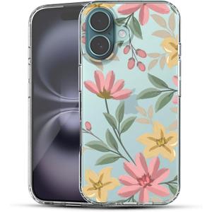 Ranz Case for iPhone 16, Anti-Scratch Shockproof Series Clear Hard PC+ TPU Bumper Protective Cover Case for iPhone 16 (6.1") - Floral Painting