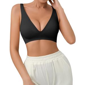 SHARICCA Pro Seamless Bra for Women Deep V Neck Wirefree Bra Adjustable Strap Comfort Sleep Bra Removable Padded Bralette (Small, Black)