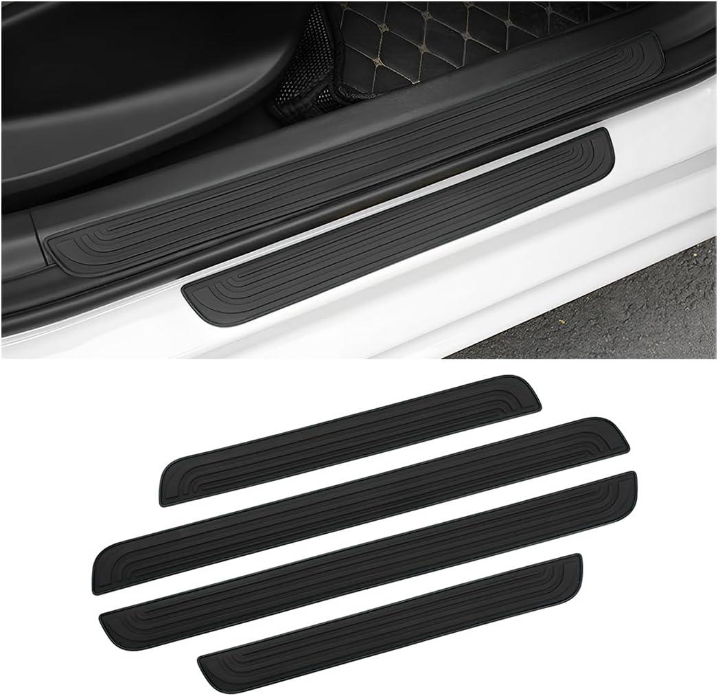 AICEL Car Door Sill Plate Protectors, 4 Pcs PVC Soft Rubber Front/Rear Door Sill Scuff Plate Guard, Universal Car Door Entry Decoration Stickers, Anti-Scratch Welcome Pedal Protector Cover (23.6*2.4+15.7*2.4, Black)