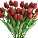 20pcs Artificial Tulips Flowers Fake Faux PU Tulip Bouquet Real Touch Flower Arrangement for Home Room Office Party Wedding Decoration Excellent Gift Idea for Mothers Day(Currant Red)