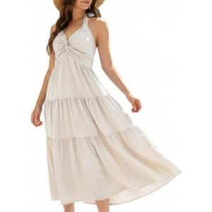 Florboom Women's Summer Halter Maxi Dresses Smocked Back Sundress, Wedding Guest & Holidays Dress with Pockets (L)