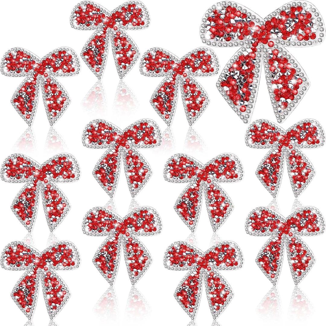 10 Pieces Bow Knot Rhinestone Patches Sparkling Crystal Appliques Iron Sew on for Jeans Jackets Bags Backpacks Hats Shoes Clothes Decorations Crafts(Red)