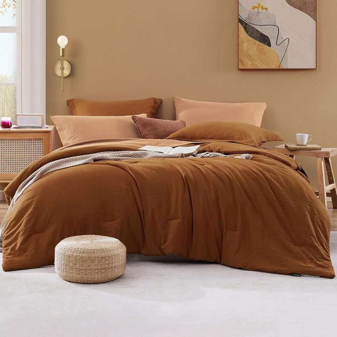 WRENSONGE Queen Comforter Set- 7 Pieces Terracotta Bed in a Bag Queen with Fitted Sheet, Flat Sheet, 2 Shams, and 2 Pillowcases- Warm Bedding Sets for All Season, Color: Terracotta