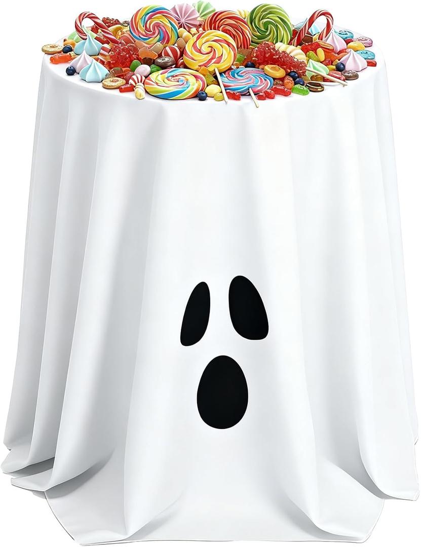 Tellingyou Halloween Tablecloth 70x70 Inch Round Cute Ghost Pumpkin Vampire Bat Polyester Washable Table Cover for Halloween Party Decoration(White,Ghost) (107.8" (Round))