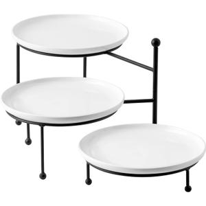 Kanwone 3 Tiered Serving Stand with White Porcelain Plates, 10" Round Tray, Dessert Table Display Set, Black Metal Stand, Versatile & Durable